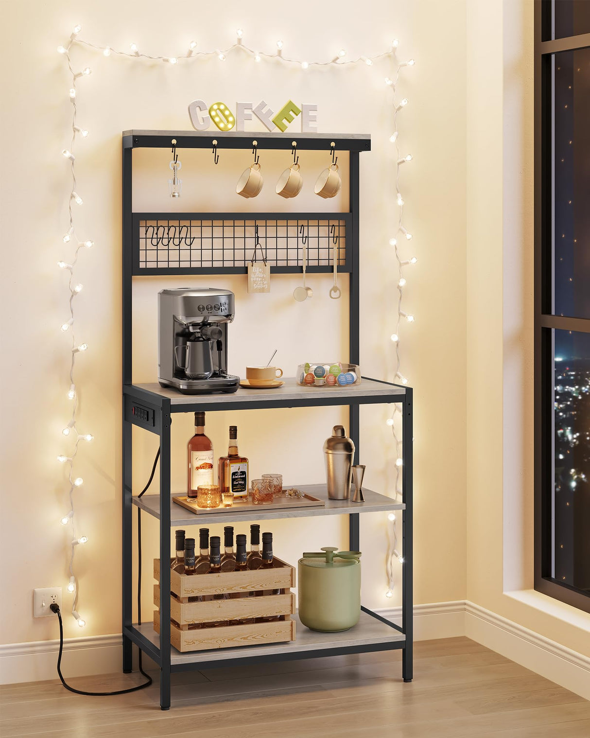 VASAGLE Bakers Rack with Charging Station, 80 cm Coffee Bar with Adjustable Storage Shelf, Microwave Stand, Grid Panel, 12 Hooks, for Kitchen, Heather Greige and Ink Black UKKS016K02 VASAGLE