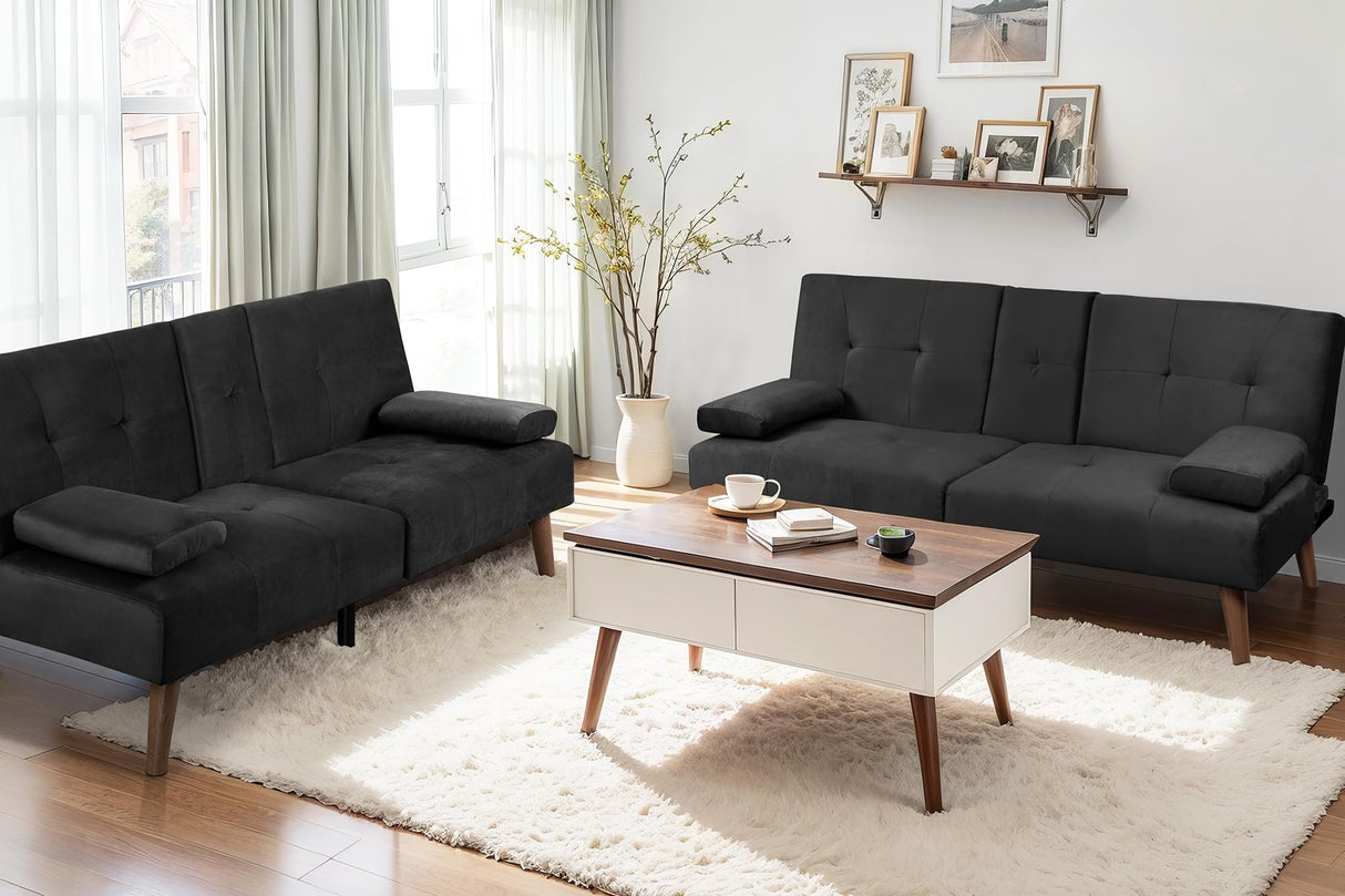 JAMFLY Futon Couch Sofa Bed Convertible, Small Sleeper Sofa Chair Loveseat with Cup Holder for Small Spaces, Living Room, Bedroom, Gameroom, Apartment, Dorm (Black) JAMFLY