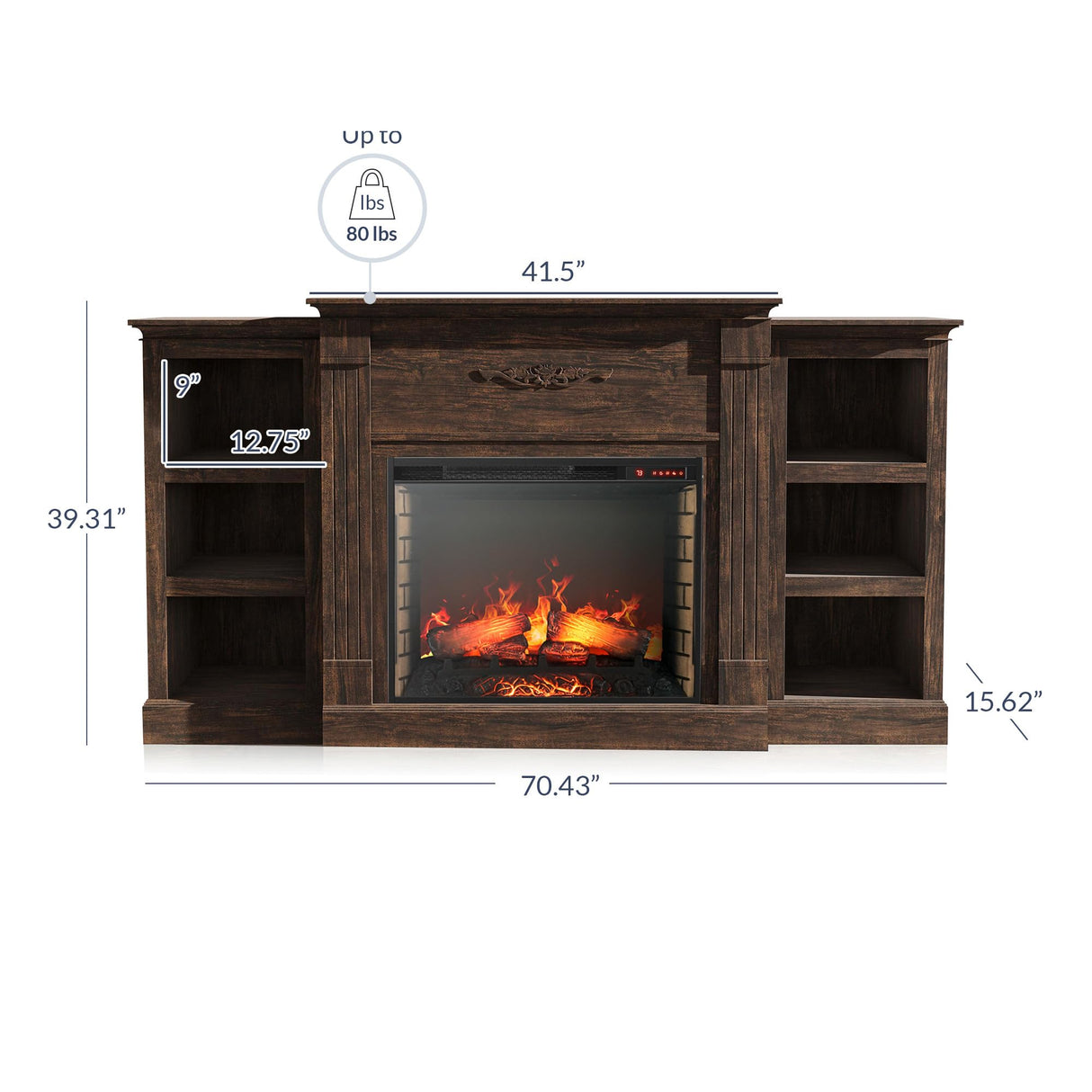 BELLEZE Modern 70" Electric Fireplace Heater Mantel TV Stand & Media Entertainment Center for TVs up to 68" with Energy-Efficient Heater With Sound and Side Book Shelves - Lenore (Brown) BELLEZE