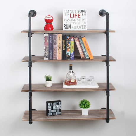 Industrial Pipe Shelving Wall Mounted,48in Rustic Metal Floating Shelves,Steampunk Real Wood Book Shelves,Wall Shelf Unit Bookshelf Hanging Wall Shelves,Farmhouse Kitchen Bar Shelving(4 Tier) MBQQ