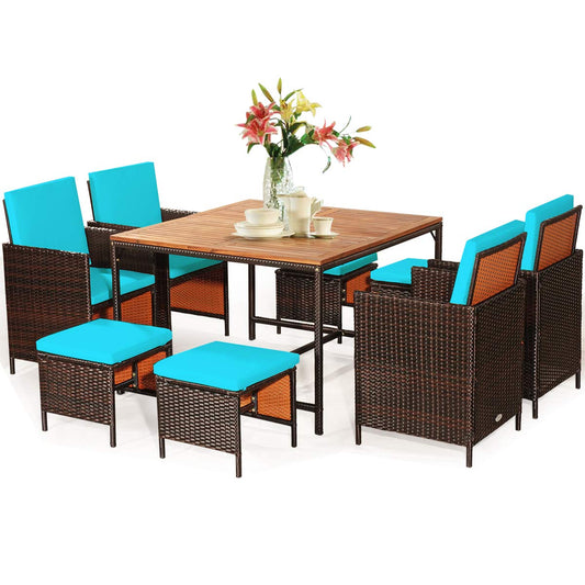 COSTWAY 9PCS Patio Rattan Dining Set Cushioned Chairs Ottoman Wood Table Top Turquoise