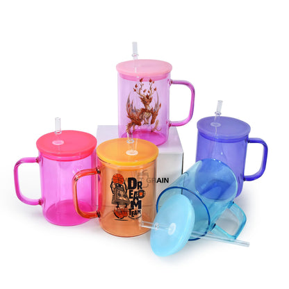 sweet grain Sublimation Glass Cups with Handle(5 Pack) - 15oz Transparent Colored Sublimation Cup Blanks, Sublimation Glass mugs Bulk with Lids and Straws for Iced Coffee, Juice, Soda - 5 Colors