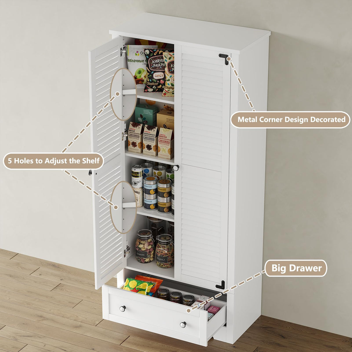 furomate 71" Tall Kitchen Pantry with Louver Doors, Wooden Food Pantry Storage Cabinet, Cupboard Buffet Cabinet for Kitchen Dining Living Room furomate