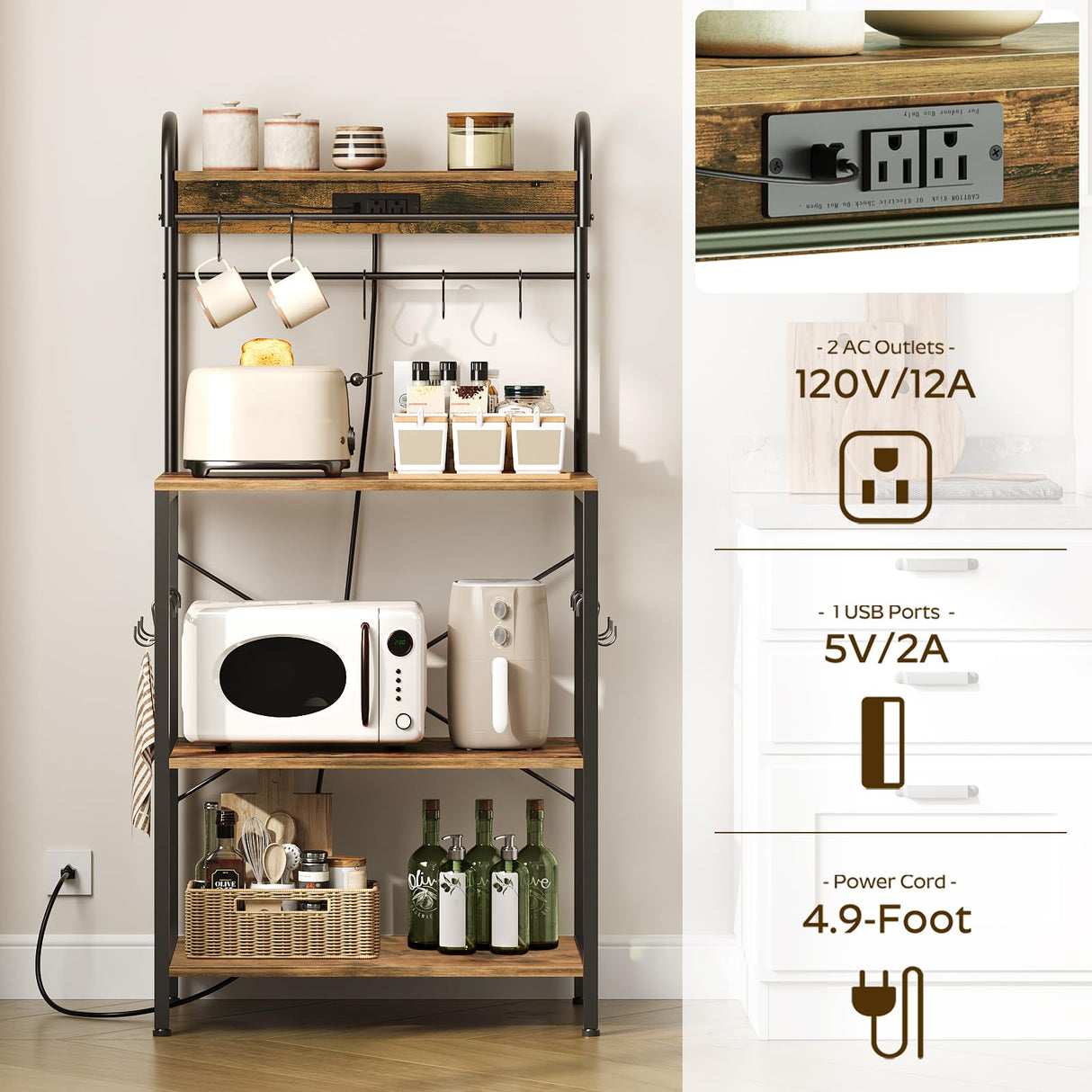YATINEY Bakers Rack with Power Outlets and Led Lights, 4-Tier Microwave Stand, Coffee Bar Station, Kitchen Storage Shelf, Kitchen Spice Rack with S-Shaped Hooks, for Pots and Pans, Rustic Brown HB20BR YATINEY