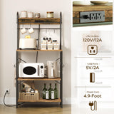 YATINEY Bakers Rack with Power Outlets and Led Lights, 4-Tier Microwave Stand, Coffee Bar Station, Kitchen Storage Shelf, Kitchen Spice Rack with S-Shaped Hooks, for Pots and Pans, Rustic Brown HB20BR YATINEY