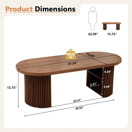 Oval Fluted Coffee Table, 47" Farmhouse Wood Coffee Table Mid Century Modern Center Table Boho Living Room Tables for Living Room Office,Walnut RUSTYER