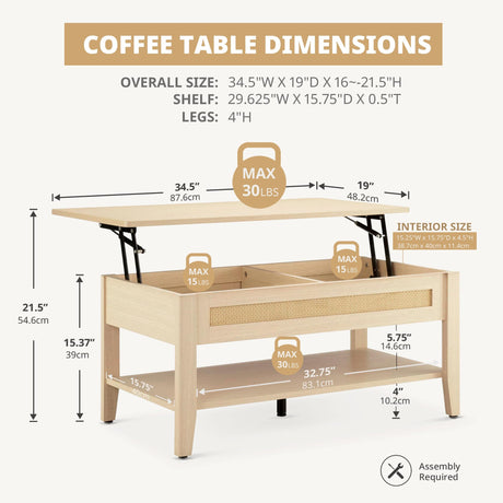 Ink+Ivy Wood Lift Top Coffee Table with Hidden Compartment and Large Storage Shelf, Boho Modern Rattan Dining Rectangle Center Table for Home Living Room Office, 34.5" W, Natural INK+IVY