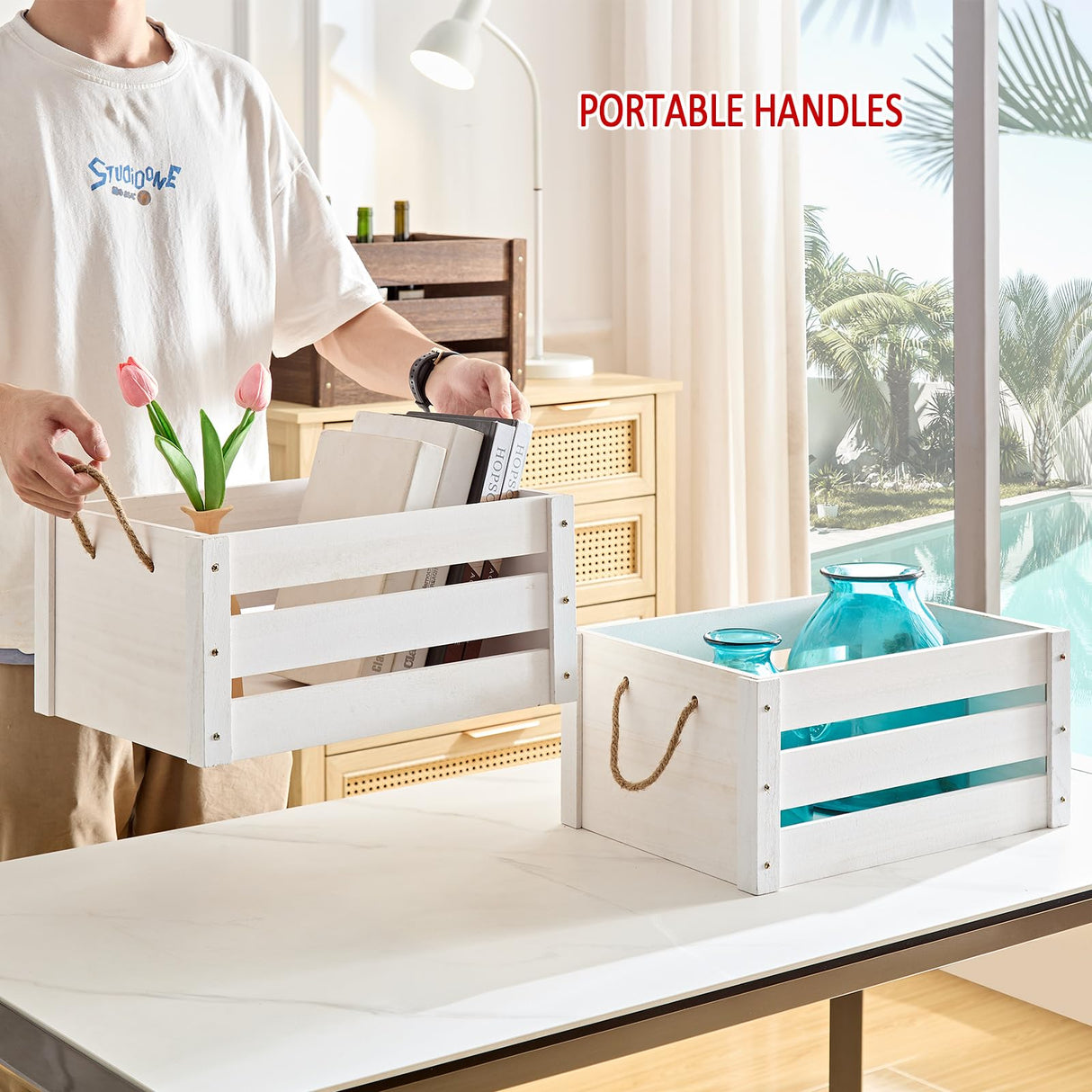 ROSOS Wooden Crates, Farmhouse Wooden Crates for Storage with Rope Handles, Solid Wood Crates for Display, Durable Wooden Crate Box, Handmade Large Wooden Crates for Decor, White Crate, 2 Pack ROSOS