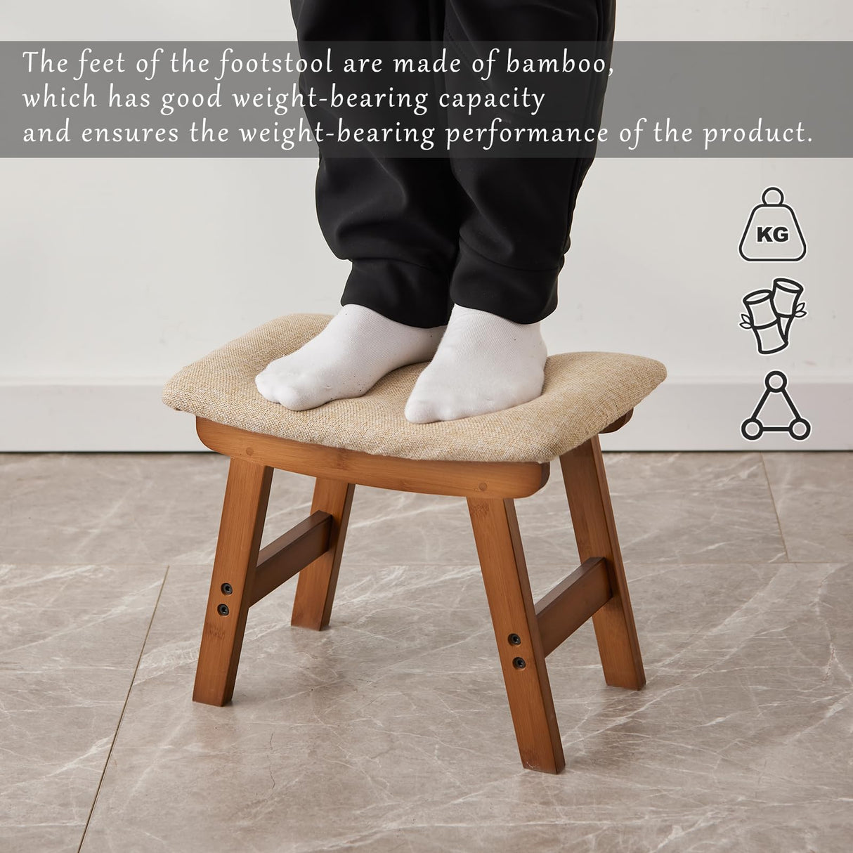 Foot Stool,Ottoman and Footstool,Small Sofa Foot Rest,Bamboo Foot Stool Under Desk,Extra Seating for Living Room, Bedroom and Kitchen (Brown Stool Legs - Beige Surface) Kitsanery