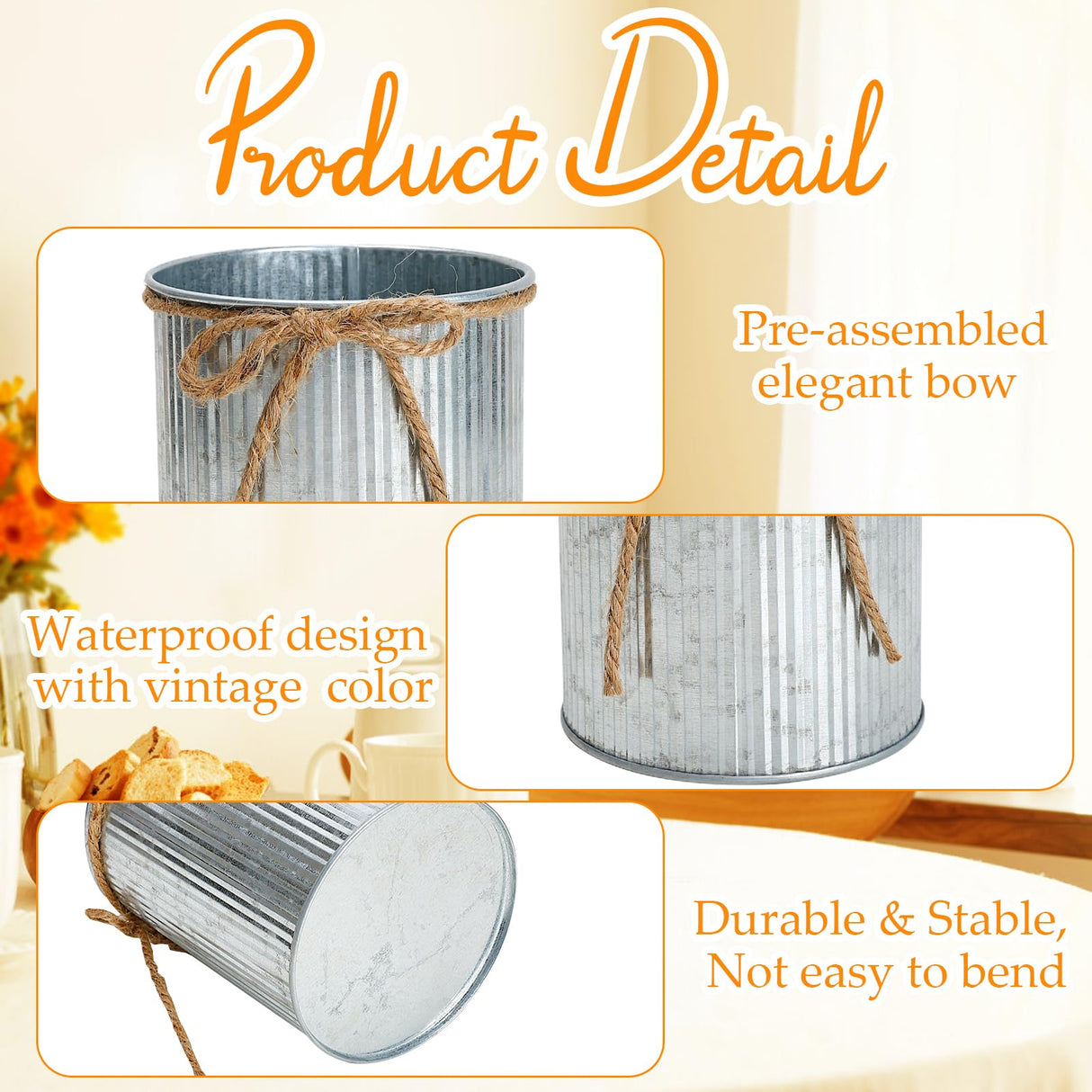 Scawim High Farmhouse Vase Decor, 4.55 X 4 Inch Rustic Flower Vase with Twine Bow Bulk 12PCS Tin Metal Buckets for Artificial Flowers Table Centerpiece Wedding Engagement Home(Iron) Scawim