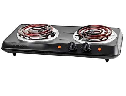 OVENTE Electric Countertop Double Burner, 1700W Cooktop with 6" and 5.75" Stainless Steel Coil Hot Plates, 5 Level Temperature Control, Indicator Lights and Easy to Clean Cooking Stove, Black BGC102B