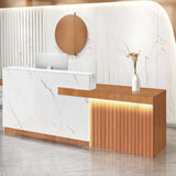 Thcbme Reception Desk with Lockable Drawer Office Front Desk Checkout Counter Wooden Reception Table for Beauty Salon Lobby Shop Retail White and Brown Right 63inch/160cm Thcbme