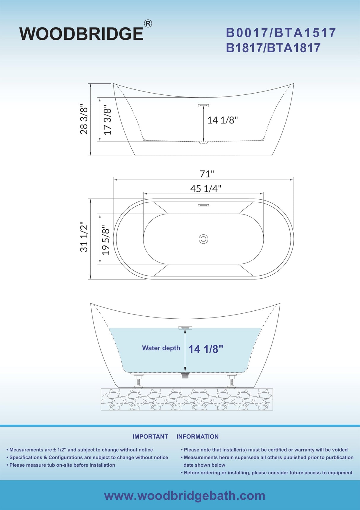 WOODBRIDGE 71" Acrylic Freestanding Bathtub Contemporary Soaking Tub, White Acrylic (Matte Black Drain/Overflow),B0017 MB Drain &O WOODBRIDGE