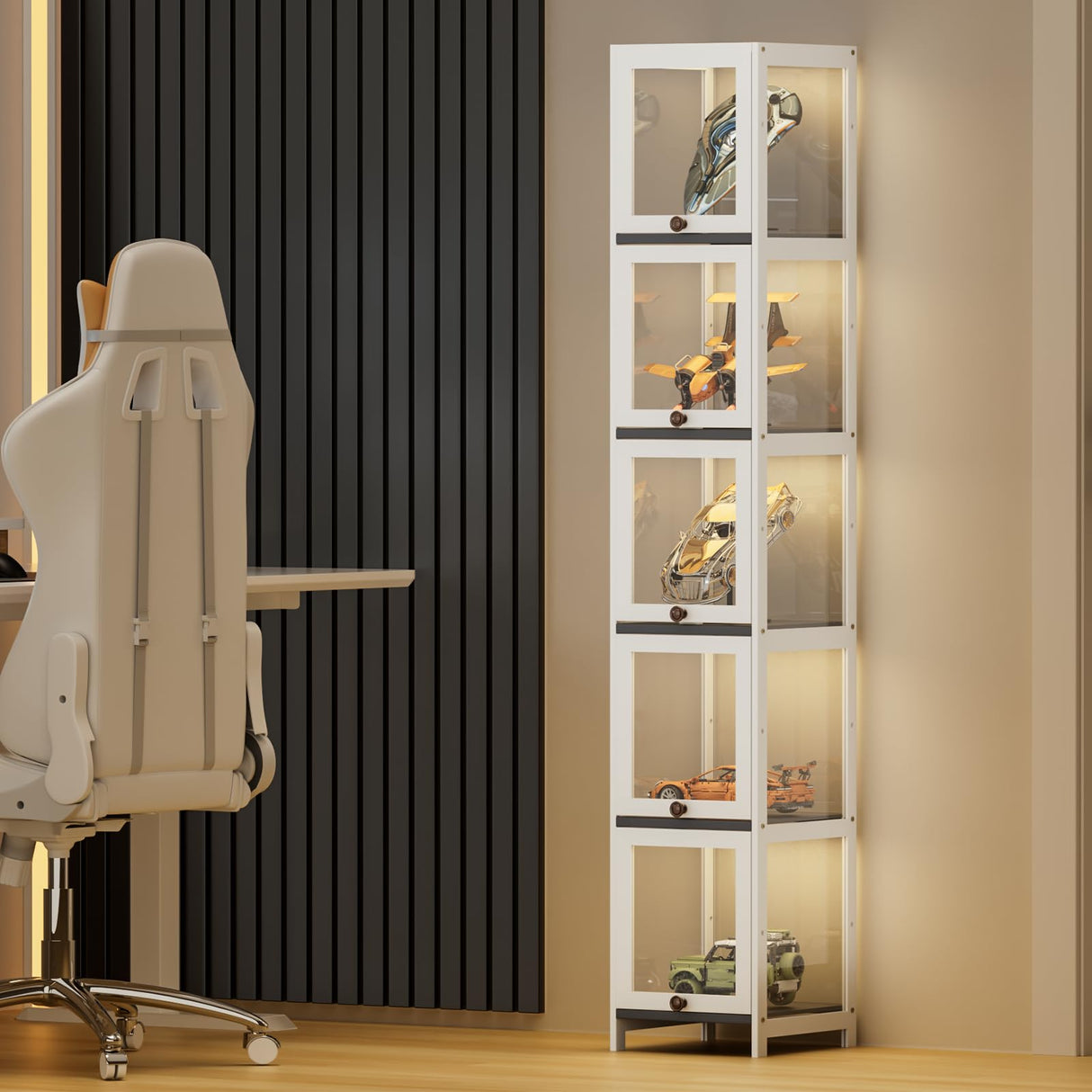 MoNiBloom 68" Tall Slim Narrow Clear Acrylic Door Curio Cabinet Display Case with Corner Shelves, White MoNiBloom