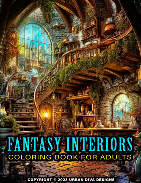 Fantasy Interiors Coloring Book For Adults: Explore the inside of Fairy & Gnome Cottages, Castles & Mansions. 50 Pages of Coloring Enjoyment For Adults & Teens. Majosta