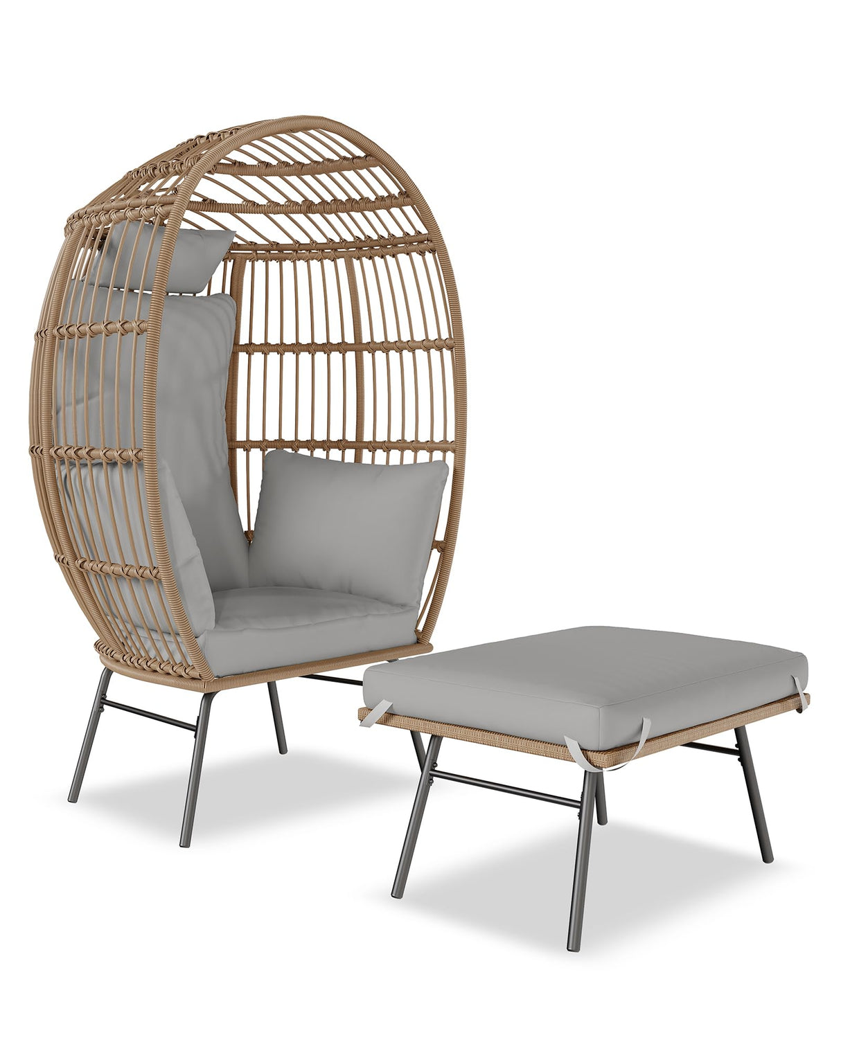 Oversize Wicker Egg Chair with 4 Comfy Cushions, Big Egg Shaped Lounger with Ottoman, Rattan Reading Chairs for Indoor Outdoor Patio Porch Backyard, Grey GAOMON