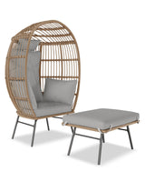 GarveeLife Oversize Wicker Egg Chair with Ottoman, Egg Shaped Lounge Chair with Thick Cushion, Comfy Egg Rattan Seat for Indoor Outdoor Patio Porch Backyard, Grey GarveeLife