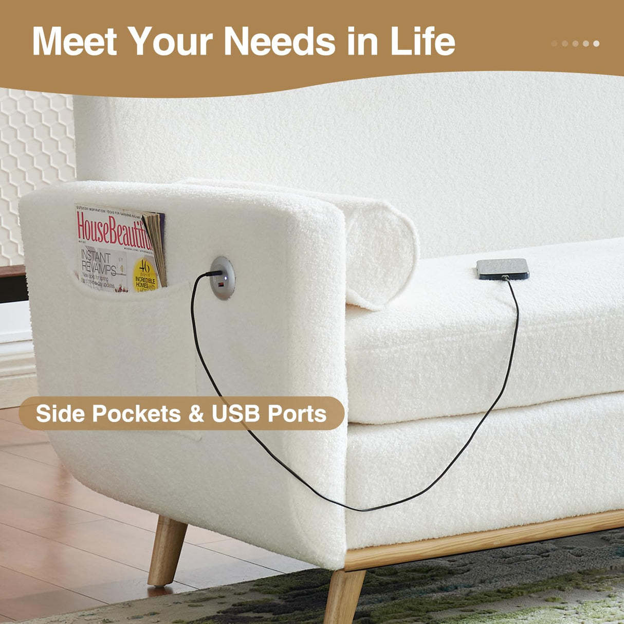 Vabches Loveseat Sofa, White Sherpa Couch with LED Lights and USB Ports Modern Fluffy Love Seat Couches 2 Seater Comfy Washable Covers Sofa Furniture for Bedroom Living Room Small Space Office, 63" L Vabches