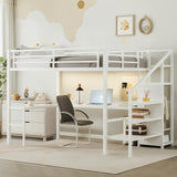 Bellemave Queen Loft Bed with Desk & Wardrobe, Heavy Duty Metal Loft Beds with Storage Stairs, LED Loft Bed Queen Size with Charging Station & Safety Guardrails, No Box Spring Needed, White Bellemave