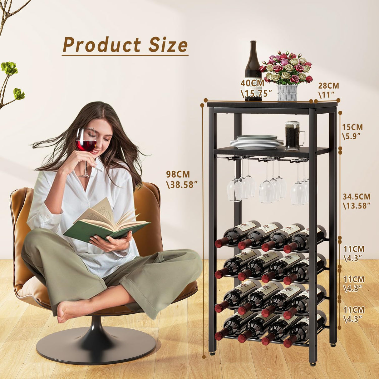 IBUYKE Wine Racks Freestanding Floor,Liquor Bottle Holder,16 Bottles Wine Cabinet with Glass Holder,Wine Holder Display,Mini Wine Bar Table for Living Room,Kitchen Pantry,Dining Room,Black UTMJ907B IBUYKE