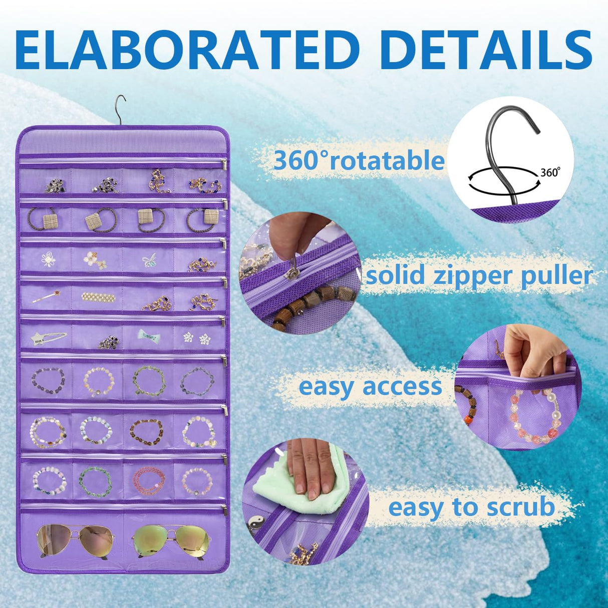 TEMUORG Travel Jewelry Organizer Dual Sided Hanging Earring Holder Bracelet Storage Rolls Rings Display Case with 68 Zippered Pockets (PURPLE) TEMUORG