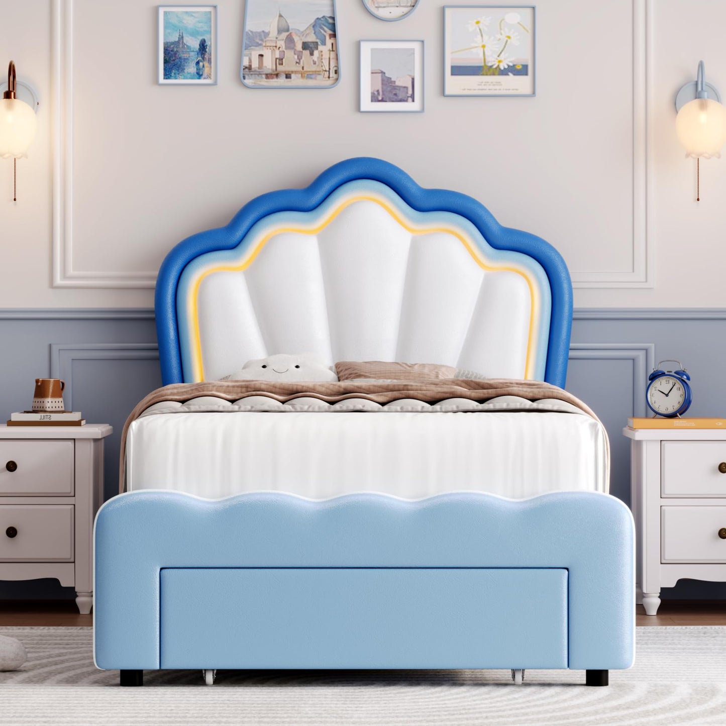 HOSTACK Twin Upholstered LED Bed Frame with Storage Drawers - Stylish Blue/White Platform Bed for Boys with Adjustable Lotus Headboard - WoodArtSupply