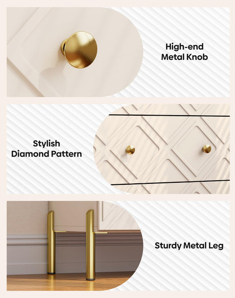 TRINEAR 3 Drawer Dresser, Wood Drawers for Bedroom with Metal Legs, Modern Dressers with Wide Storage, 30 inch Large Nightstand with Diamond Design for Living Room, Hallway, Entryway, Cream TRINEAR