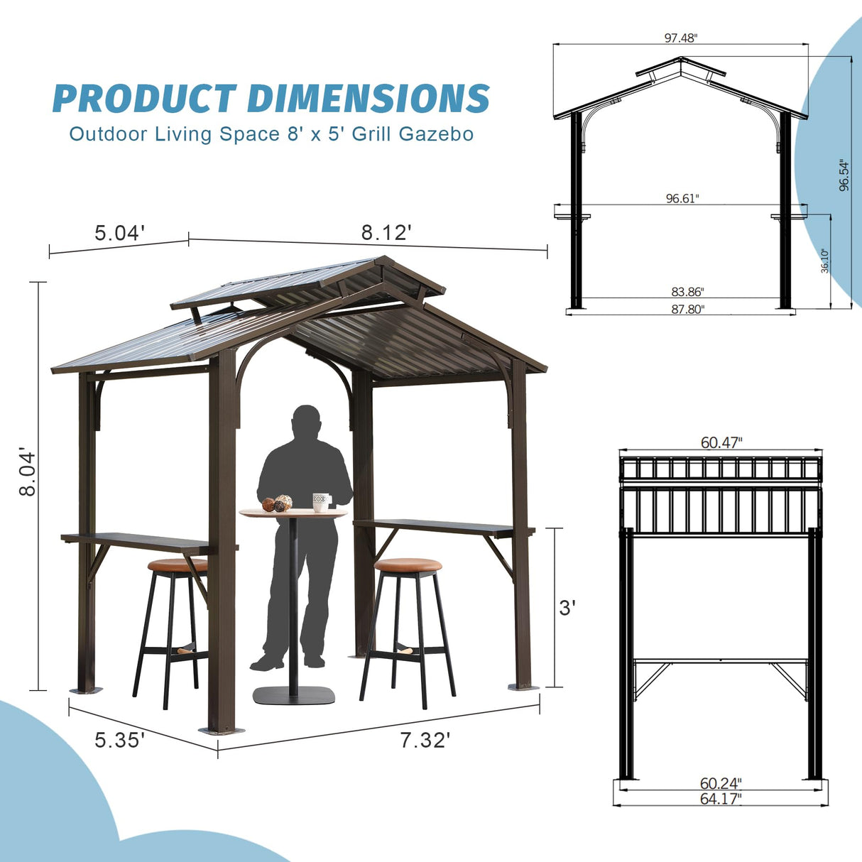 Domi Hardtop Grill Gazebo 8x5FT, Grill Canopy for Outdoor Grill w/Double Galvanized Steel Roof, 2 Side Shelves and Ceiling Hooks, BBQ Gazebo Grill Tent for Patio Garden Backyard, Brown domi outdoor living