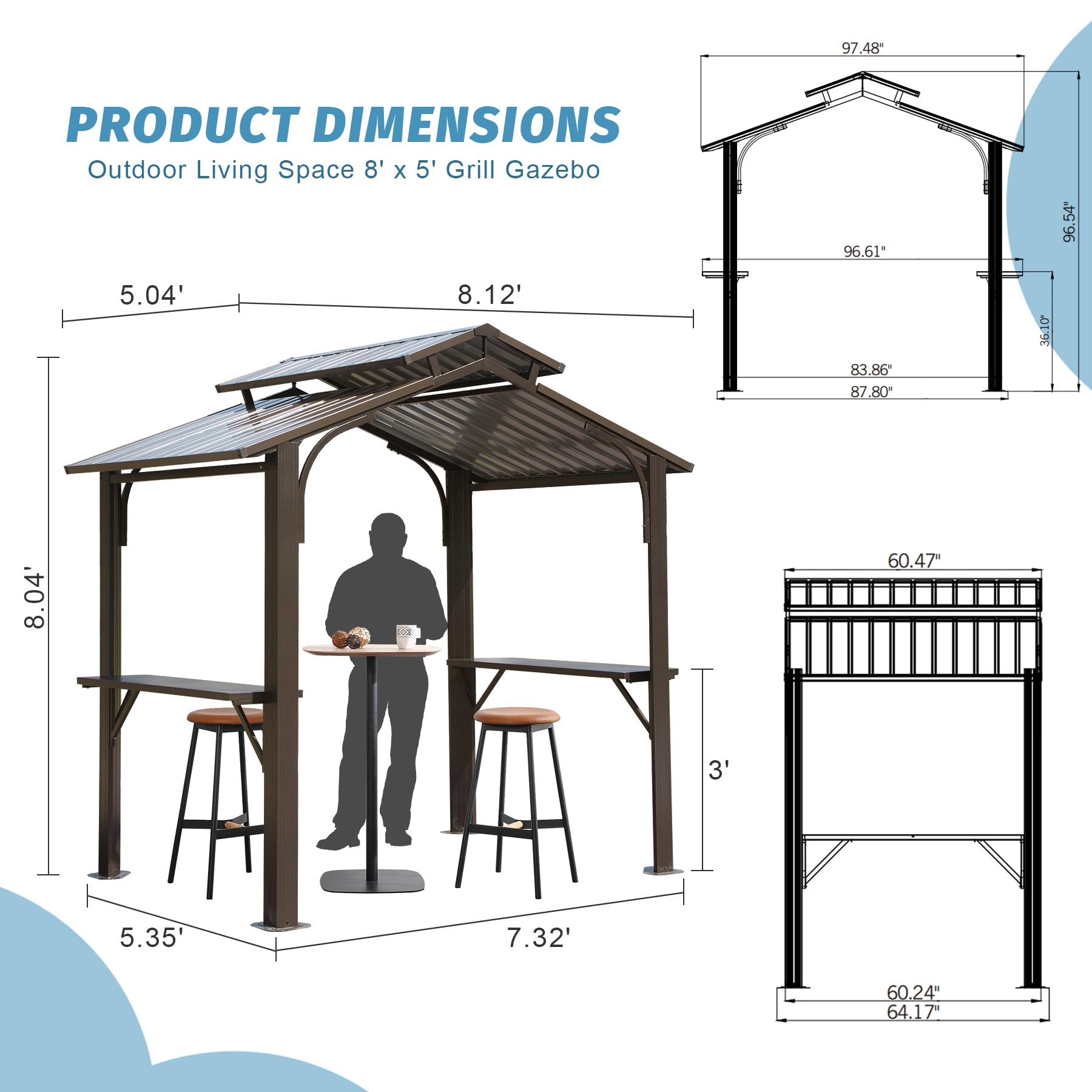 Domi Hardtop Grill Gazebo 8x5FT, Grill Canopy for Outdoor Grill w/Double Galvanized Steel Roof, 2 Side Shelves and Ceiling Hooks, BBQ Gazebo Grill Tent for Patio Garden Backyard, Brown - WoodArtSupply