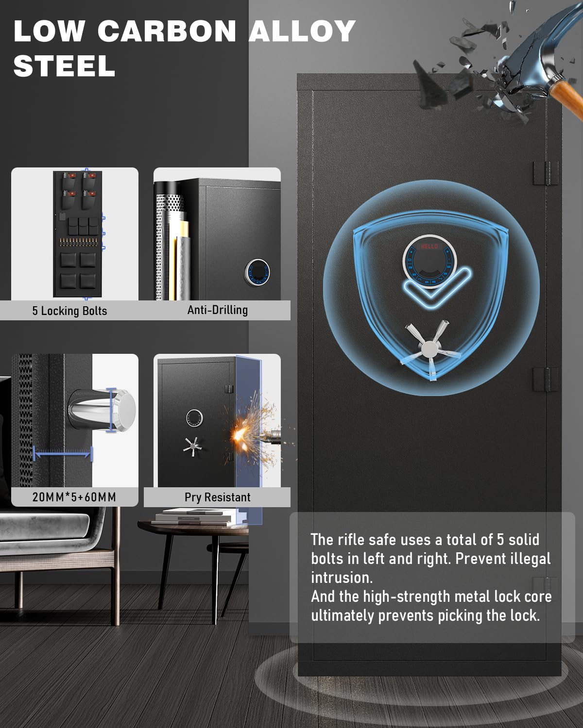 Luzfuego 20-25 Large Gun Safe, 52" Gun Safe for Rifles and Pistols with Mute Function & Dual Alarm, Unassembled Gun Cabinet for Home and Shotguns with LCD Keypad & Gun Rack Luzfuego
