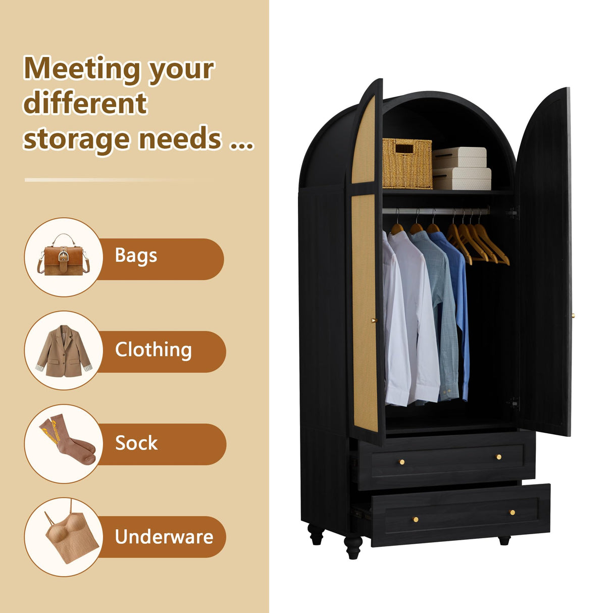 YUCHIATH Arched Armoire Wardrobe Closet with 2 Rattan Doors, Wooden Wardrobe Closet with 2 Drawers, 74.8 "H Bedroom Armoires with Hanging Rod (Black) YUCHIATH