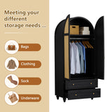YUCHIATH Arched Armoire Wardrobe Closet with 2 Rattan Doors, Wooden Wardrobe Closet with 2 Drawers, 74.8 "H Bedroom Armoires with Hanging Rod (Black) YUCHIATH