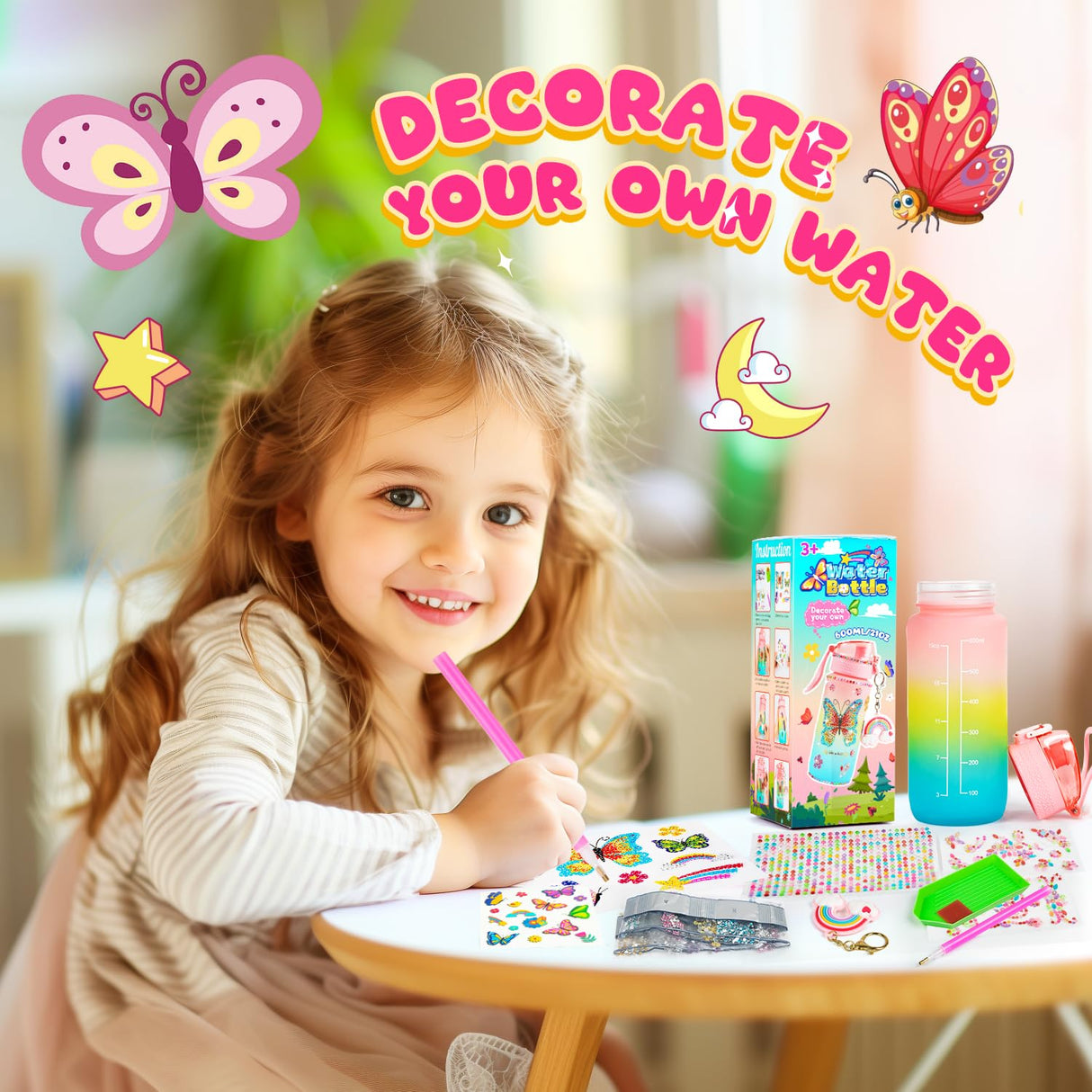 MDCGFOD Decorate Your Own DIY Water Bottle Butterfly Decorating Kit - Arts & Craft Kits for 4-10 Year Olds + Babies BoysGirlsJoys Kids Birthday Xmas Gift Box MDCGFOD