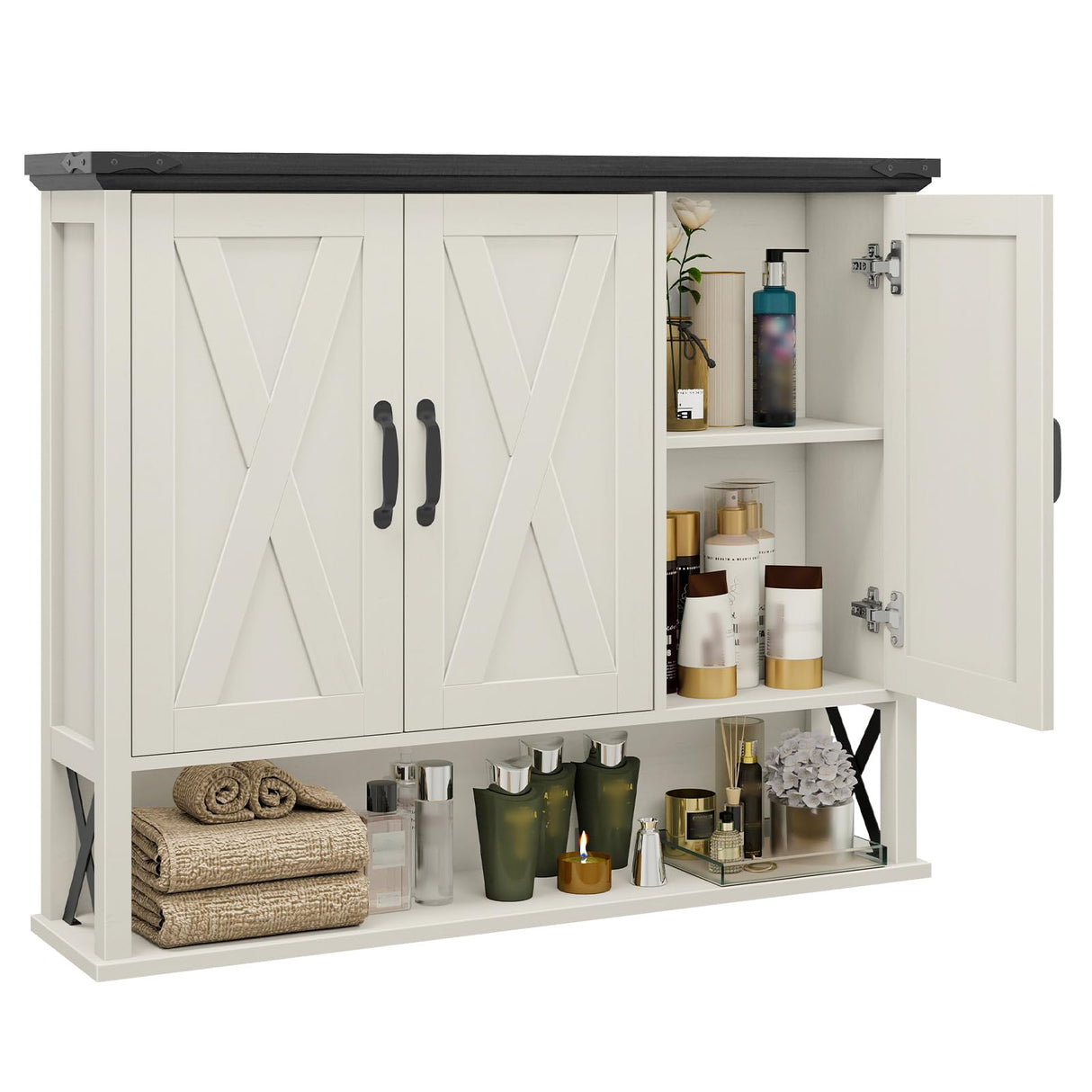 Halitaa Bathroom Wall Cabinet, Farmhouse Medicine Cabinet with Adjustable Wood Shelf & 3 Doors, Over The Toilet Storage Cabinet for Wall Mounted for Bathroom Laundry Room Kitchen, White and Black Halitaa