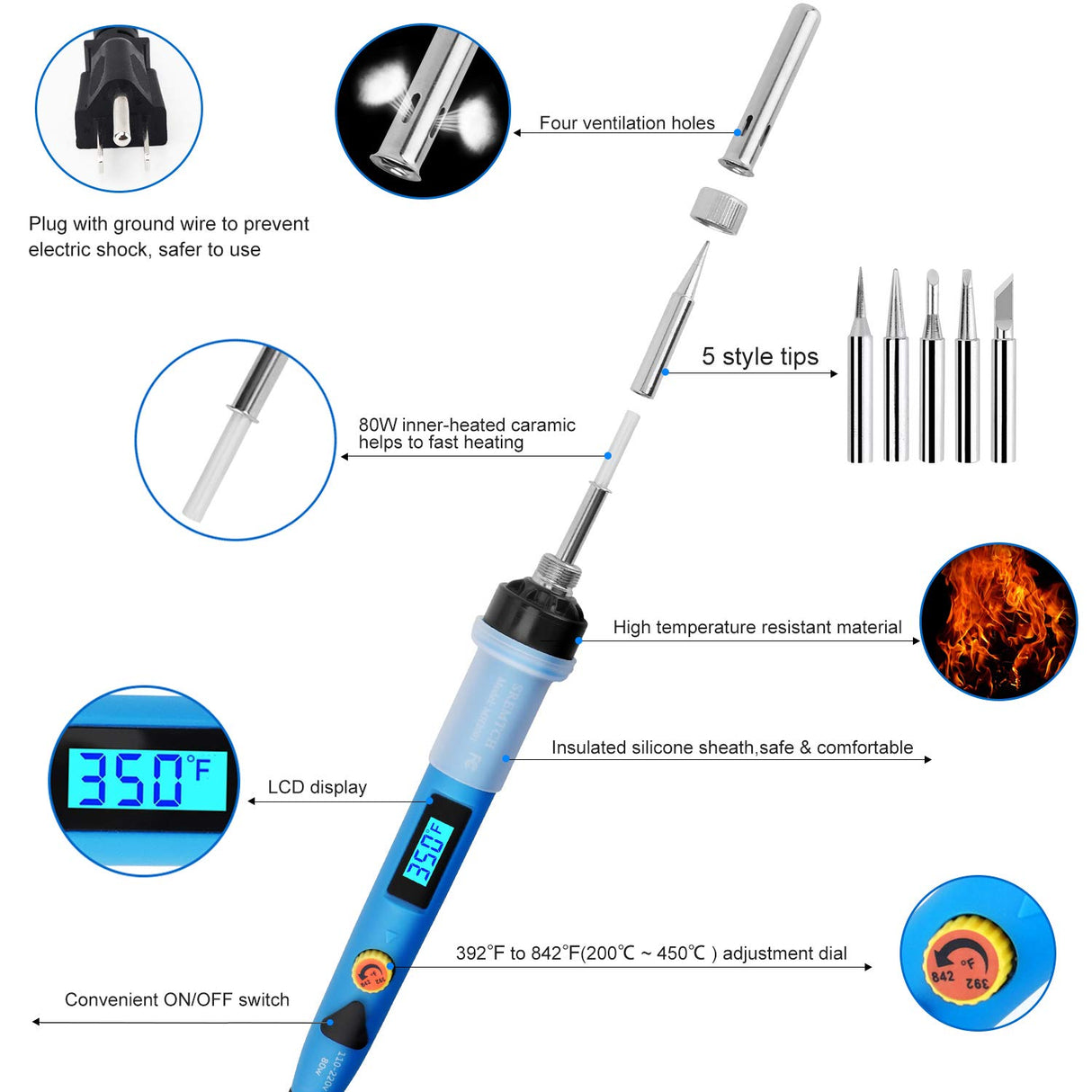 Electronics Soldering Iron Kit - 80W Digital LCD Solder Gun with ON/OFF Switch Adjustable Temperature Controlled and Fast Heating Thermostatic Design Welding Tools for DIY Welding Circuit Board (80W) SREMTCH