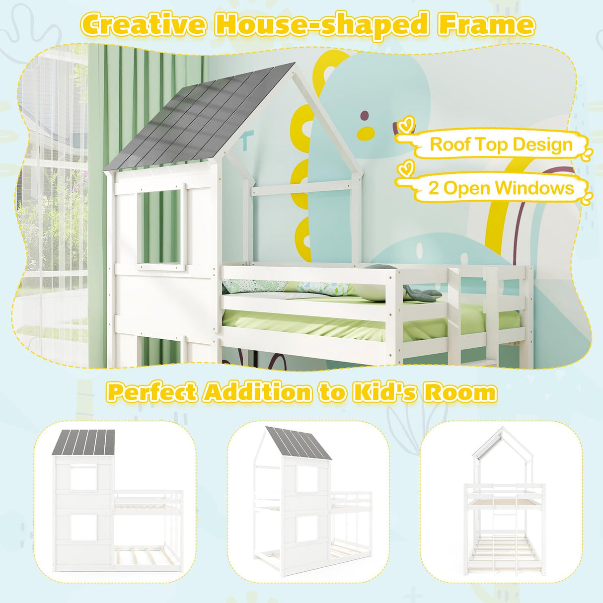 Giantex House Bunk Bed Twin Over Twin, Solid Wood Floor Bunk Bed with Built in Ladder, Window & Safety Guardrail, Wooden Kids Low Bunk Beds for Teens Boys & Girls, No Box Spring Needed, White Giantex