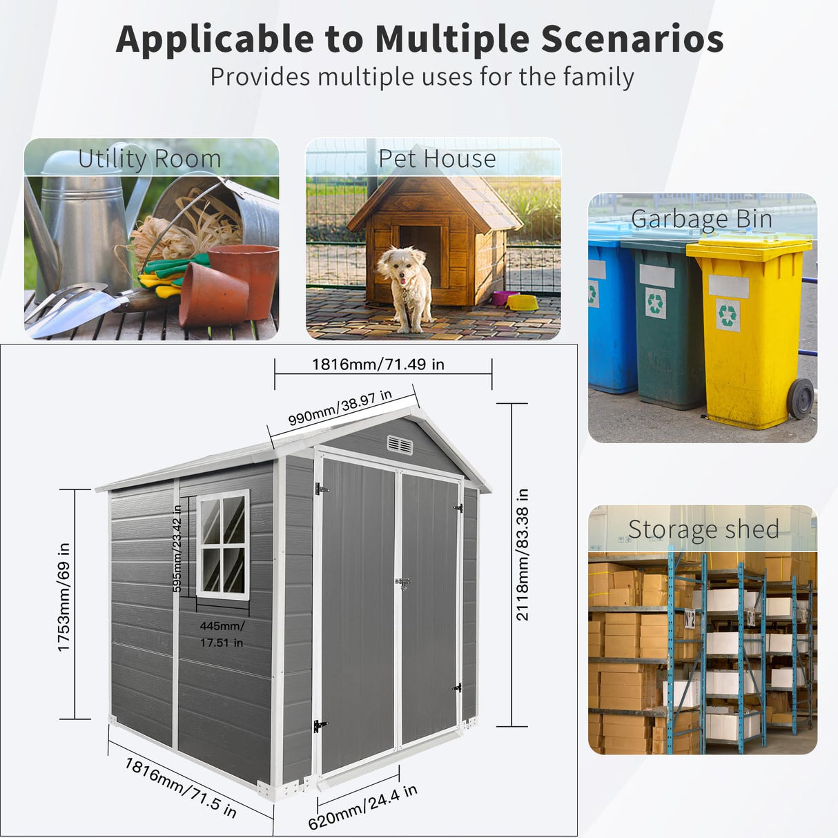 6x4 FT Outdoor Storage Shed with Floor, Plastic Garden Tool Shed with Windows, Vents & Lockable Door, Easy to Assemble Resin Bike Shed for Patio, Backyard, Lawn, Grey LINKHOO