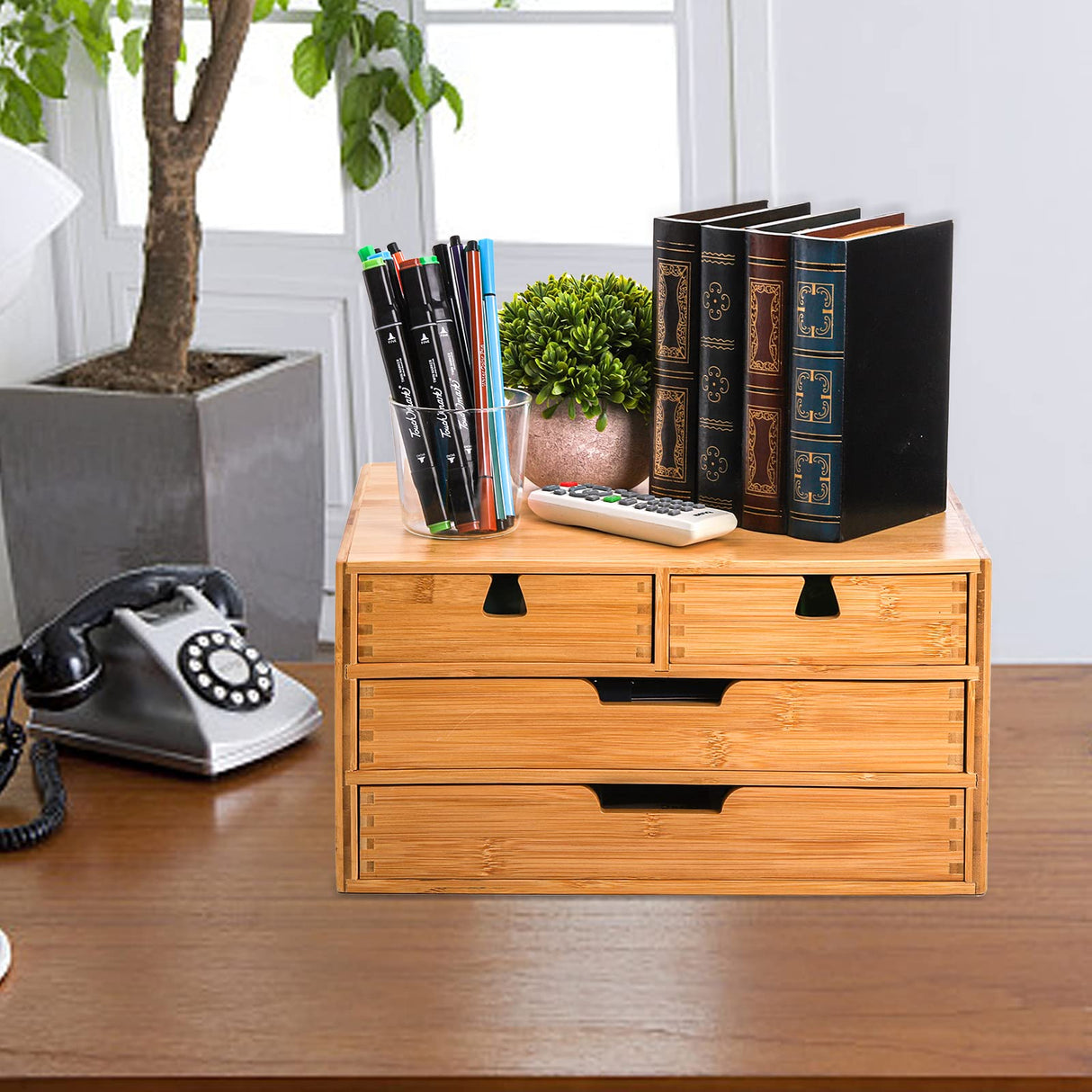 DEAYOU Bamboo Desk Organizer, Bamboo Storage Cabinet Box with 4 Drawers for Letter, Home Office Supplies, 3-Layer DEAYOU