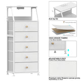 Tohomeor Dresser with Fabric Drawers Nightstand with 2 Tier Shelf Storage Tower for Bedroom Hallway Entryway Closet Organizer Sofa Beside Table Furniture (White, 5 Drawers) Tohomeor