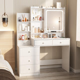 Vabches Vanity Desk with Mirror and Lights,Makeup Vanity with 6 Drawers and Shelves,Vanity Table with Power Outlet,Makeup Desk with Led Lighted Mirror in 3 Colors,for Bedroom,White Vabches