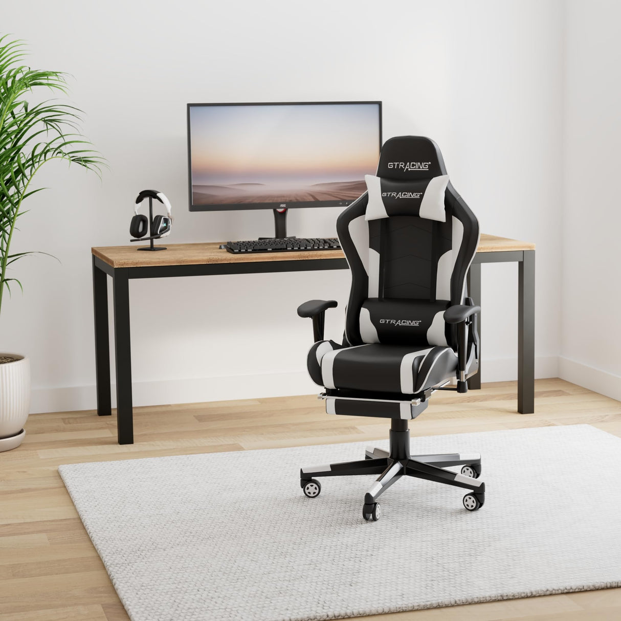 GTRACING Gaming Chair with Footrest Speakers Video Game Chair Bluetooth Music Heavy Duty Ergonomic Computer Office Desk Chair (White) GTRACING