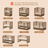 JOYMOR 8-in-1 Convertible Crib with Drawer, Include 2" Mattress, Convert from Mini Crib, Mid Crib to Full Crib, 8 Height Adjustable, Undercrib Storage Drawers (Honey Wood) JOYMOR