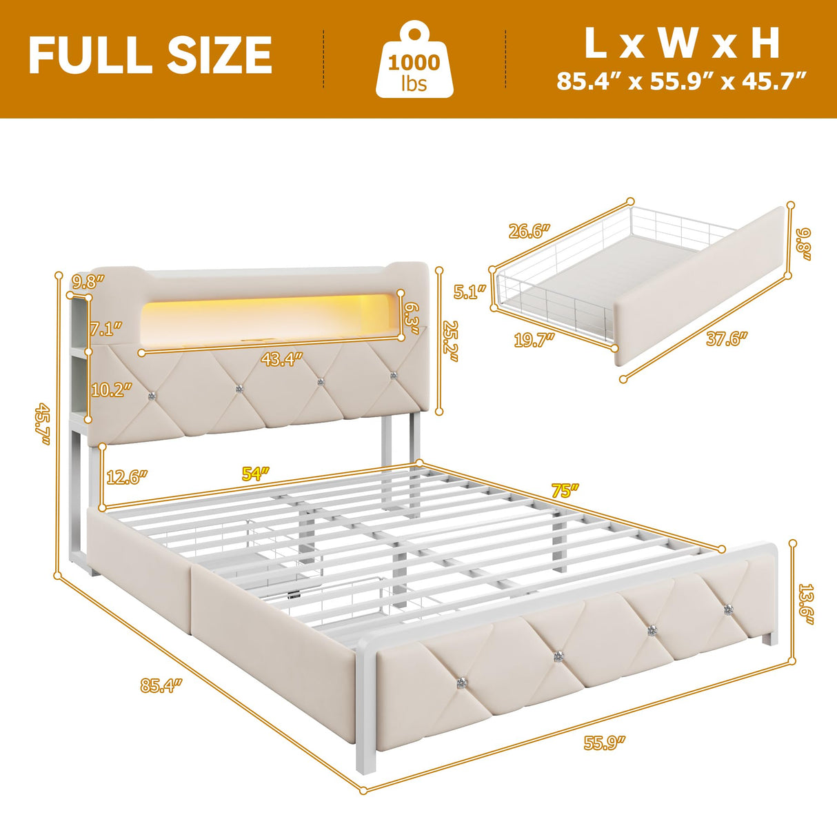 Full Upholstered LED Bed Frame with 2 Storage Drawers and 2-Tier Storage Headboard, Velvet Princess Platform Bed with Charging Station & Bookcase, Corner Bed Frame, Heavy Duty Metal Support, Beige Jocoevol