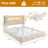 Full Upholstered LED Bed Frame with 2 Storage Drawers and 2-Tier Storage Headboard, Velvet Princess Platform Bed with Charging Station & Bookcase, Corner Bed Frame, Heavy Duty Metal Support, Beige Jocoevol