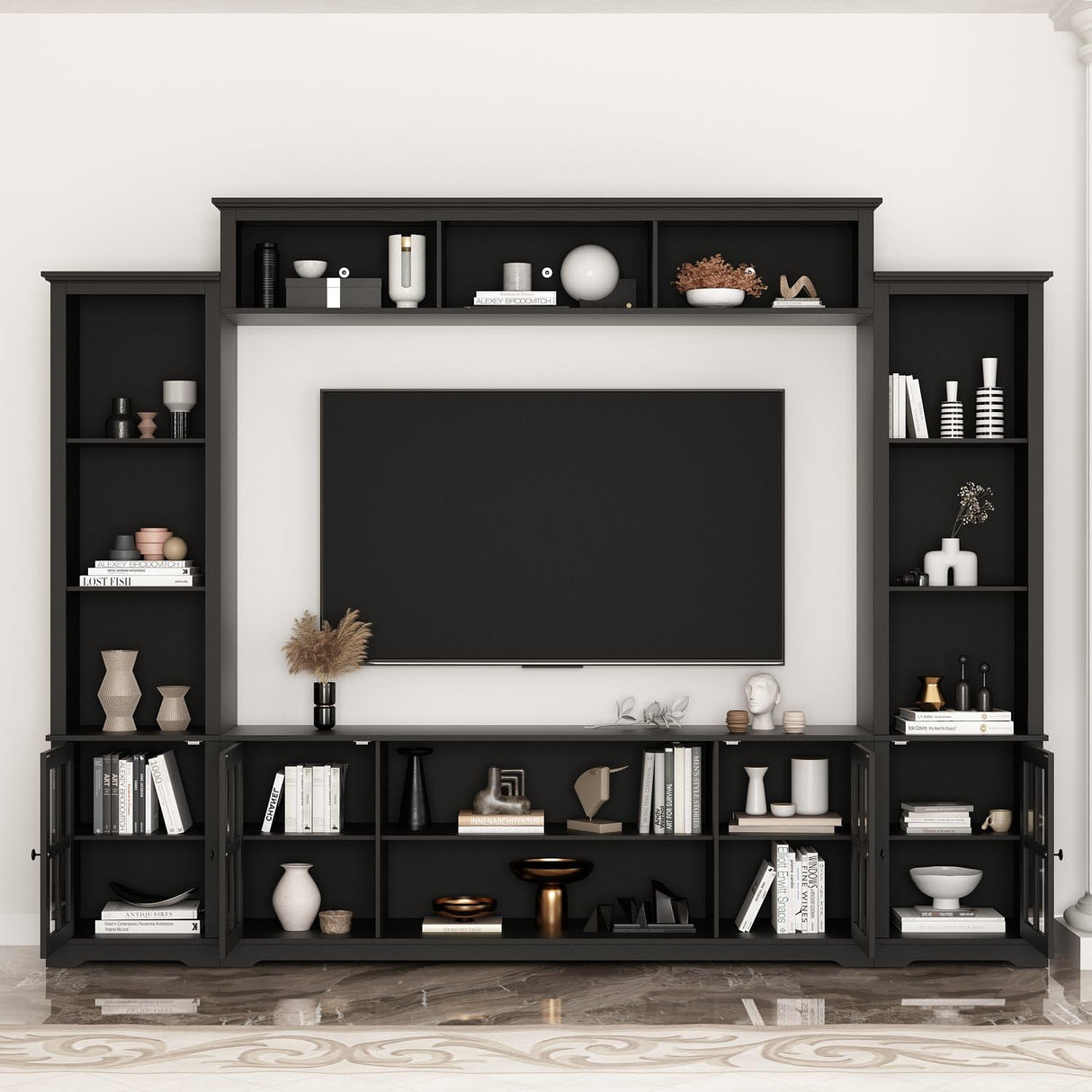 ECACAD 4-Piece Wall Unit TV Stand with Bookshelves for TVs up to 65", Modern TV Console Table Media Entertainment Center with Glass Doors & Open Shelves for Living Room, Bedroom & Home Theater, Black ECACAD