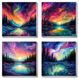 FQOVKYN 4 Pack Landscape Paint by Number for Adults Framed Canvas, DIY Aurora Arts and Crafts for Adults Beginner with Paint Brushes, Acrylic Paint Set for Home Wall Decor, 8 * 8 Inch FQOVKYN