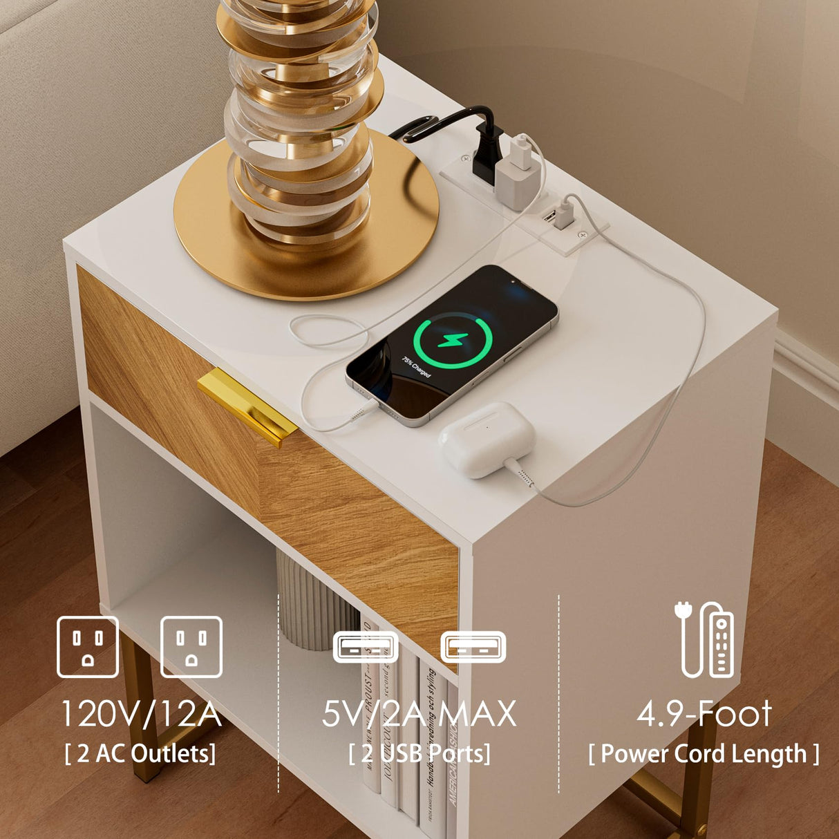 Masupu Night Stand with Charging Station,Modern Nightstand Boho Farmhouse Wood Bedside Table with Storage Drawer Side End Table for Bedroom,Living Room,Office,White with Outlet Masupu