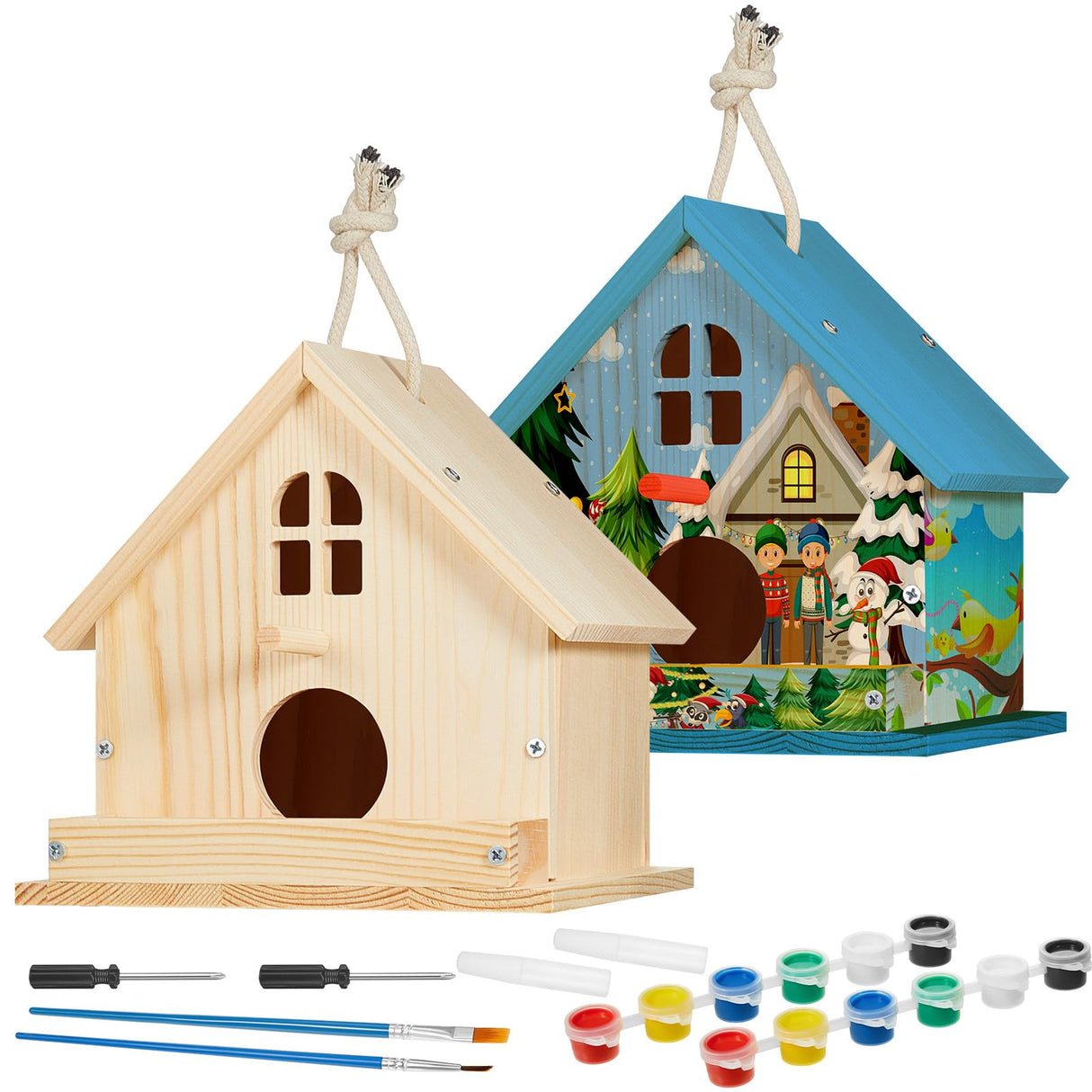 Juexica 2 Pack Bird House Kit Wooden DIY Birdhouse to Paint Build a Bird Bungalow Birdhouse Crafts to Build Family Home Arts and Craft Projects Christmas Birthday Party Gift (Rotundity) Juexica