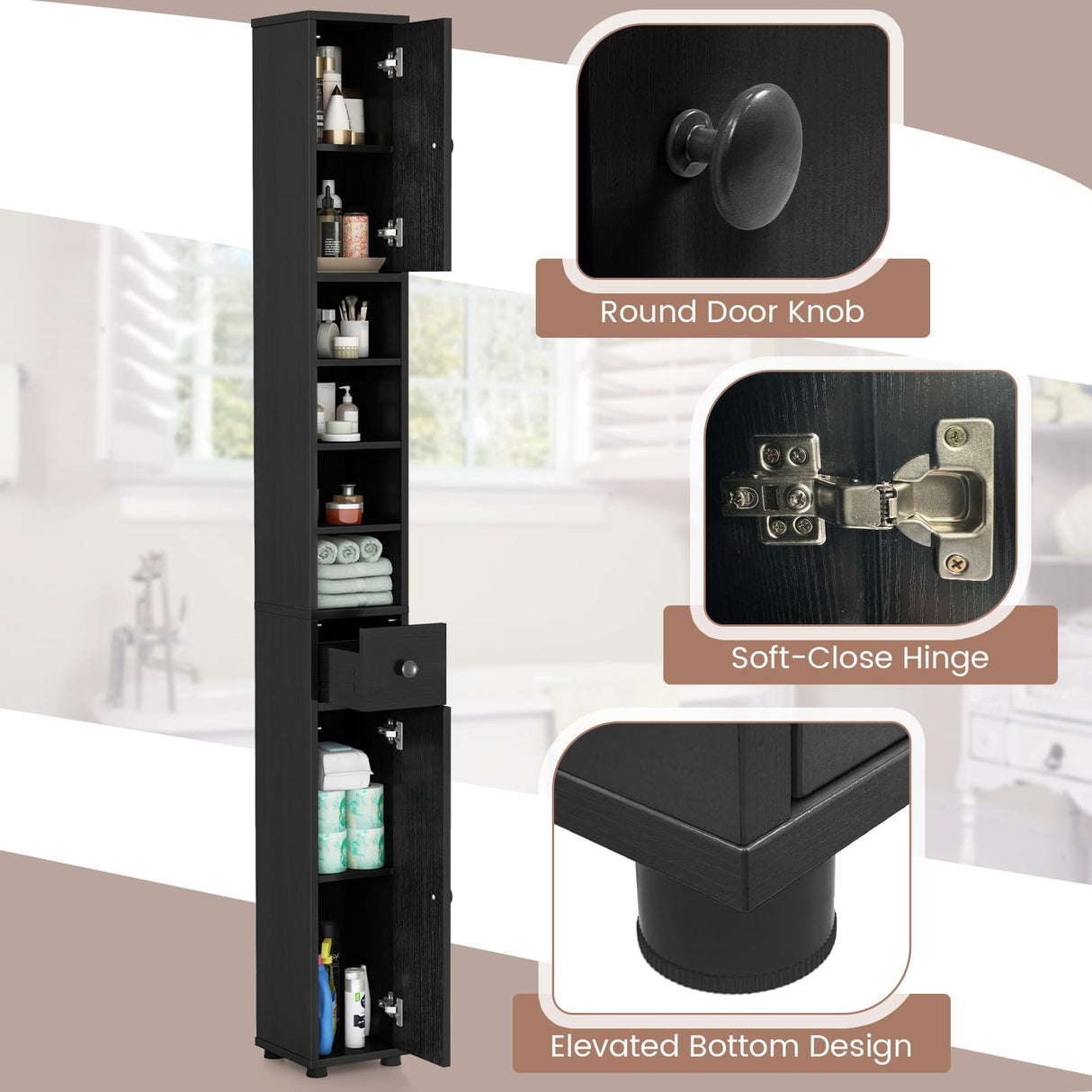 Tangkula Tall Slim Bathroom Storage Cabinet, 71" Freestanding Bathroom Cabinet w/ 2 Doors, 1 Drawer & 5 Adjustable Shelves, Floor Narrow Tower Cabinet for Small Spaces, 8" x 8" x 71" (Black) Tangkula