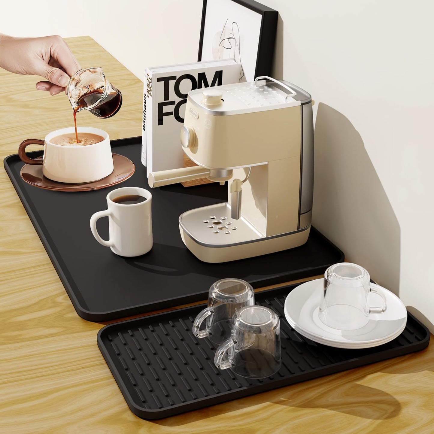 2024 New Silicone Coffee Mat with Convex Edge,24''x16''Coffee Bar Mat Easy to Clean, Coffee Bar Accessories Fits Under Coffee Makers, Coffee Pots,ice Makers and kitchen Countertops or Dish Racks